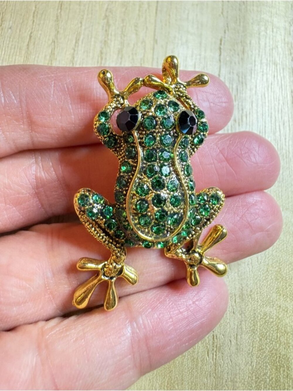 Gold Tone Frog Brooch with Green Crystals